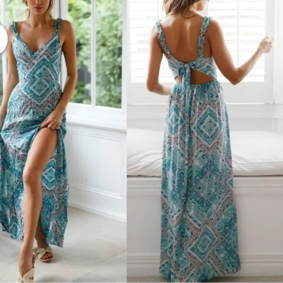 Boho Beach Hut Blue Floral Bohemian Maxi Dress Size Small | Color: Blue/Pink | Size: S | Lindsaykw78's Closet